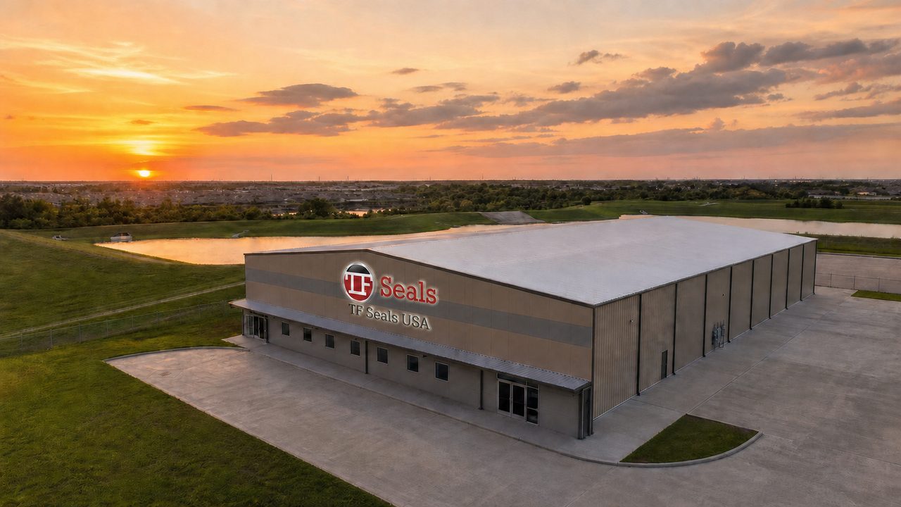 The TF Seals USA manufacturing and repair facility on FM 529 in Cypress, Texas, photographed from the air at sunset.