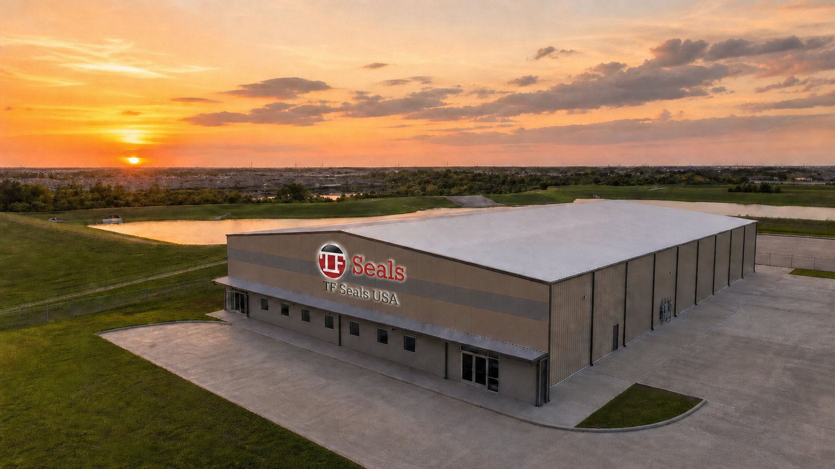 Aerial view of the TF Seals USA manufacturing and distribution facility in Cypress, TX at sunset